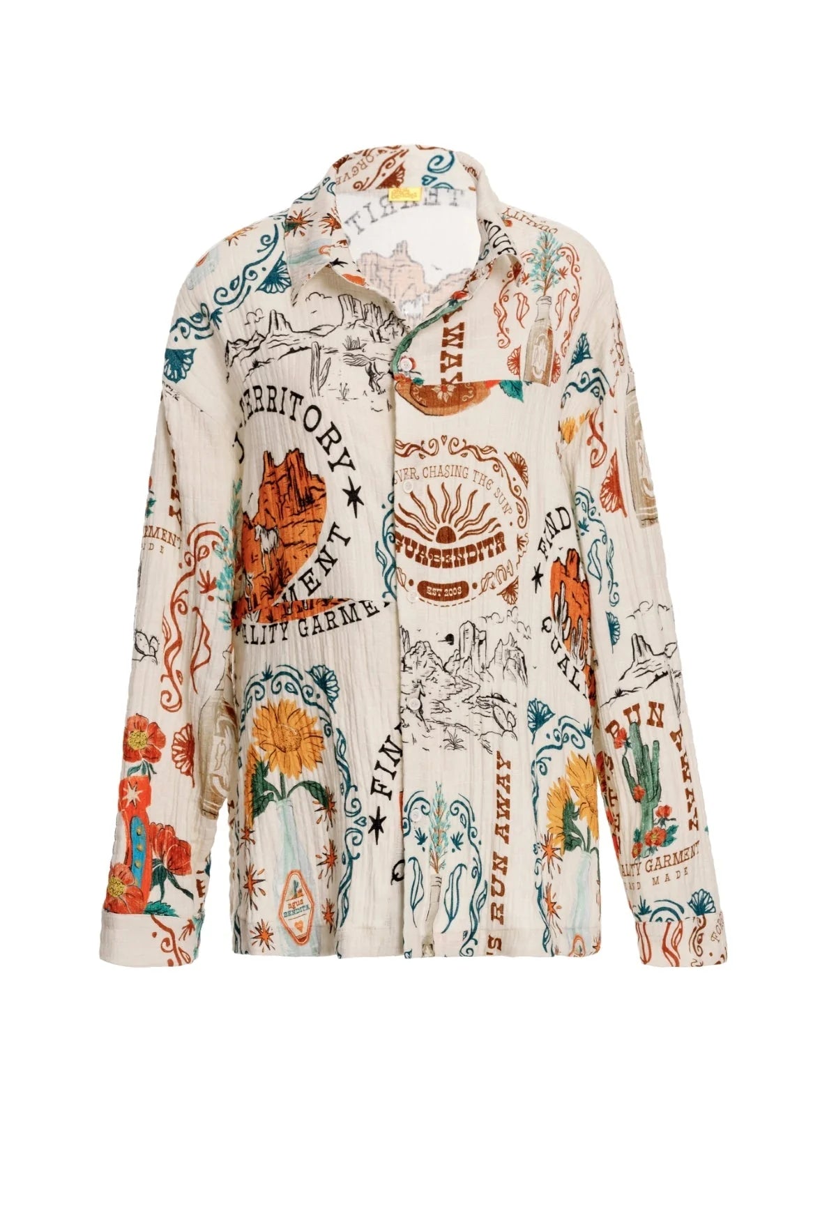 Button down collared shirt with colorful print