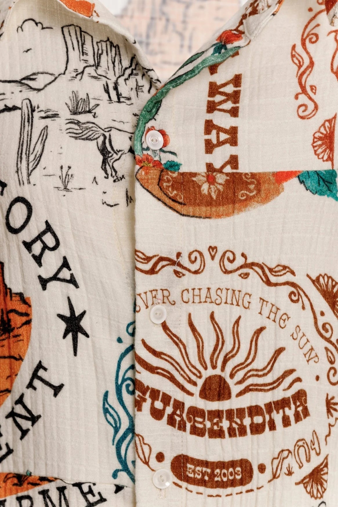 Button down collared shirt with colorful print