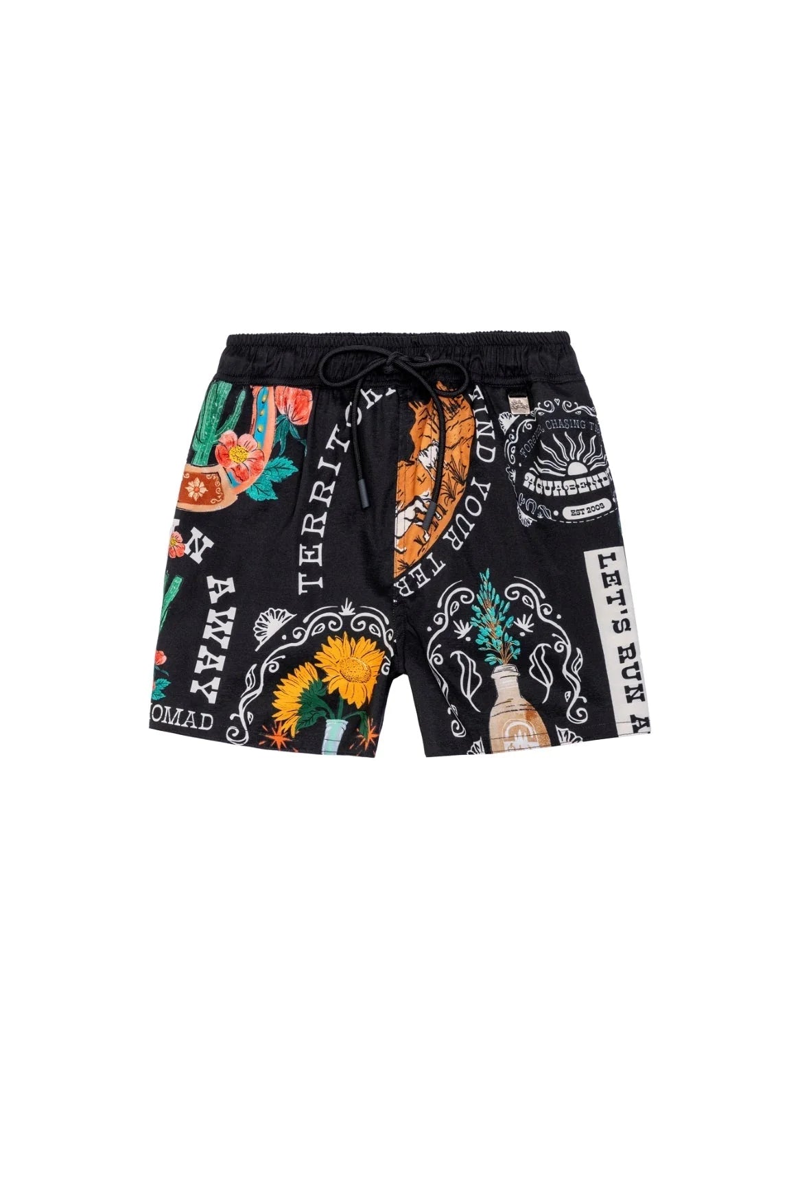 Boys' black swim trunks with colorful print