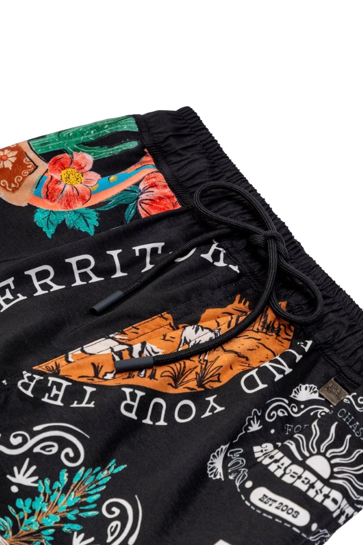 Boys' black swim trunks with colorful print