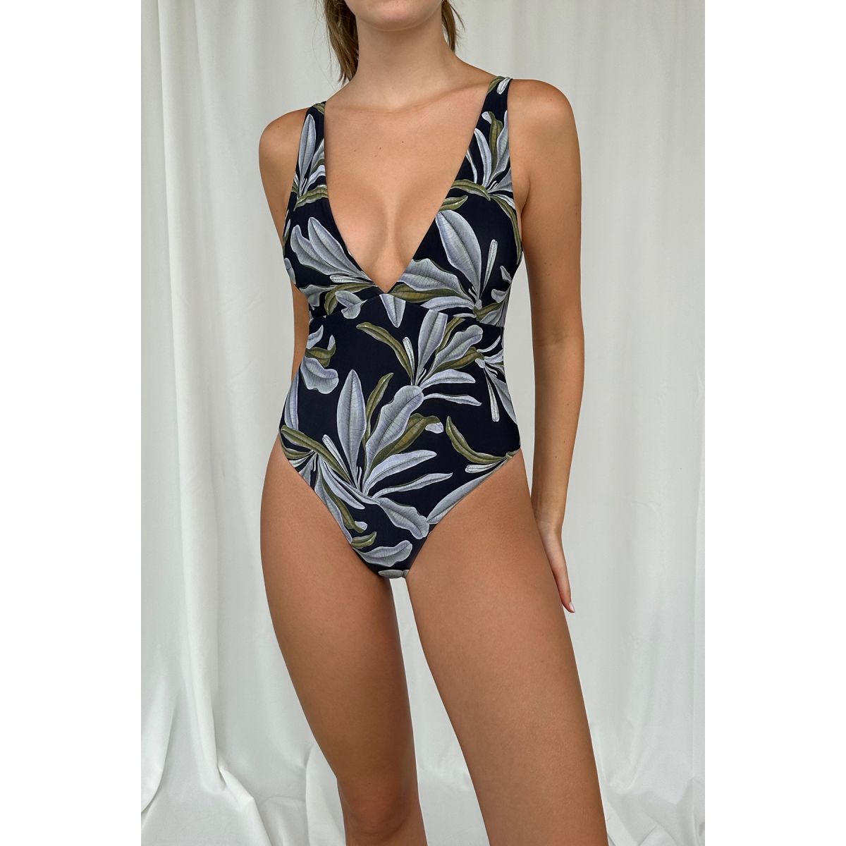 V-Neck Plunging Tropical Print One Piece
