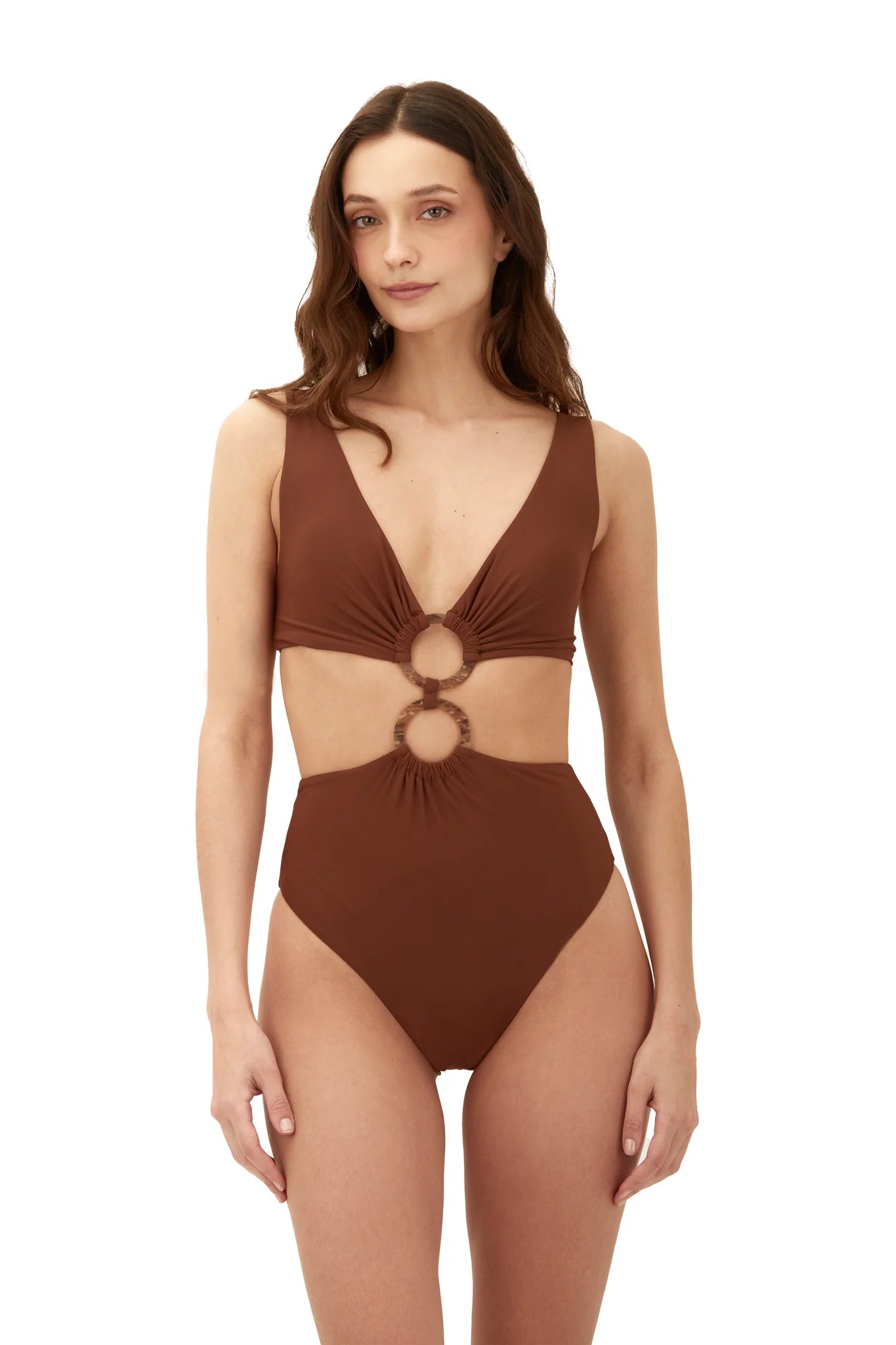 Plunging cutout one piece held together by two front rings in brown