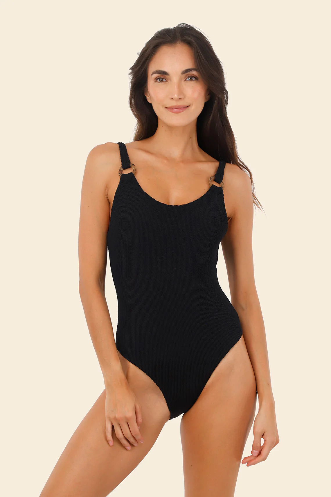 Textured one piece with a scooped neck and decorative rings in black