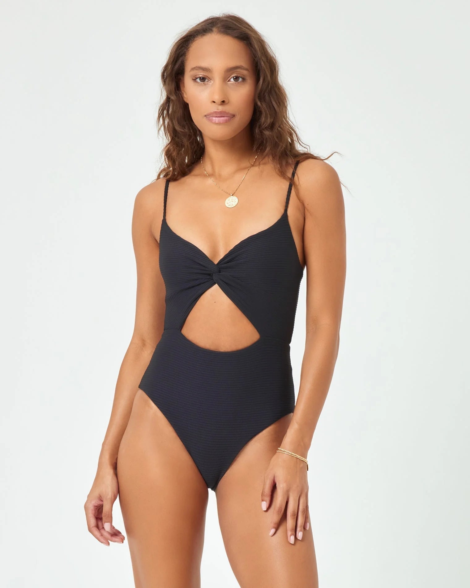 Ribbed one piece with front cutout and adjustable straps in black