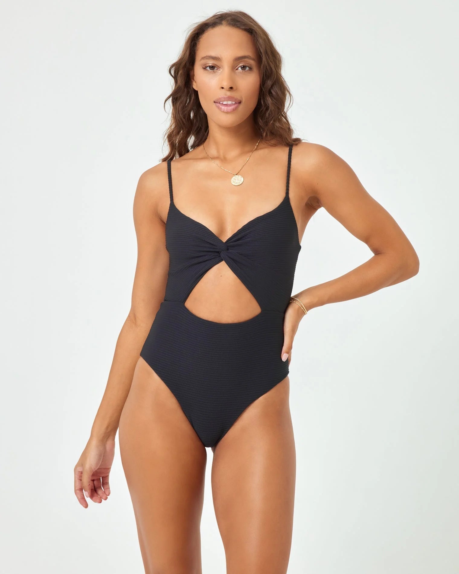 Ribbed one piece with front cutout and adjustable straps in black
