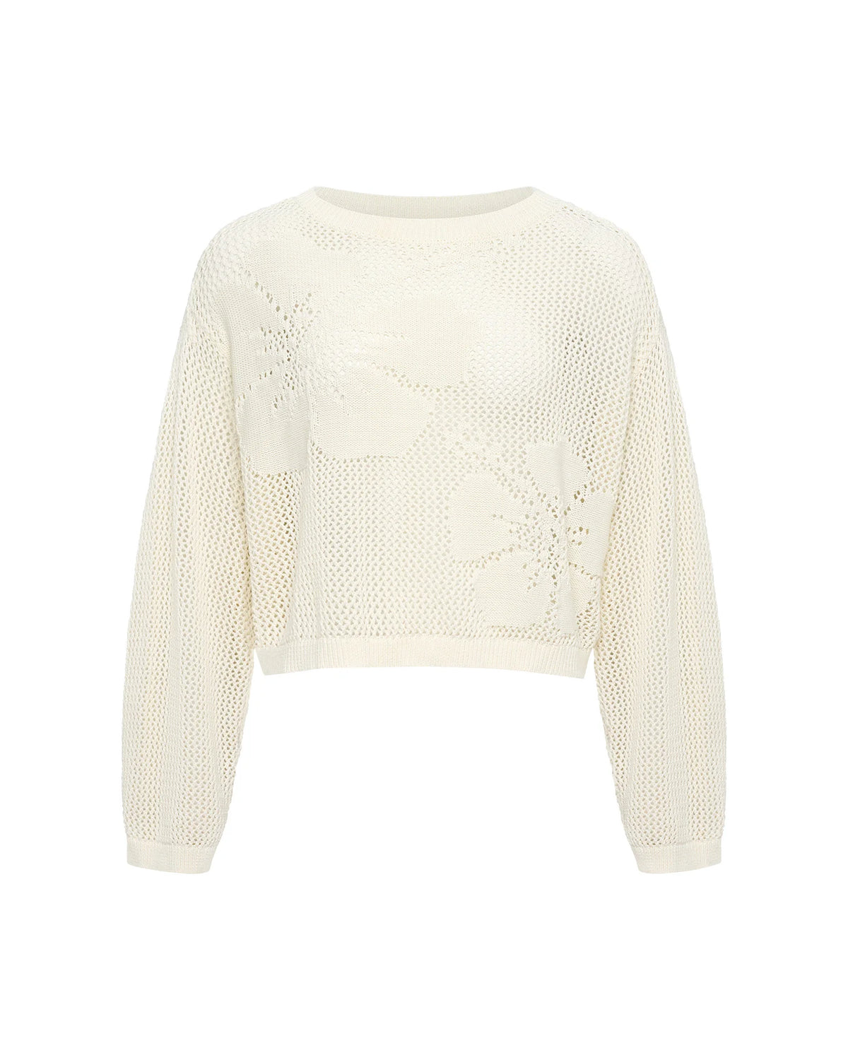Open knit crochet cotton sweater with hibiscus print