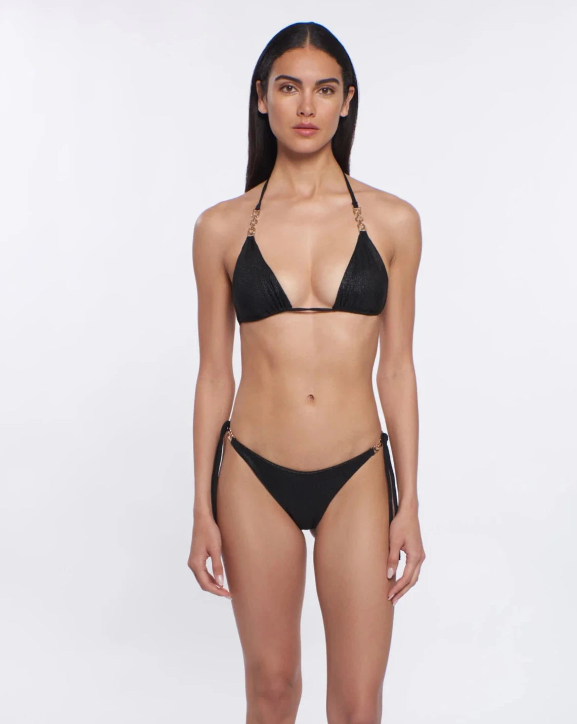 Shimmery black tie side bottom with gold ring accents