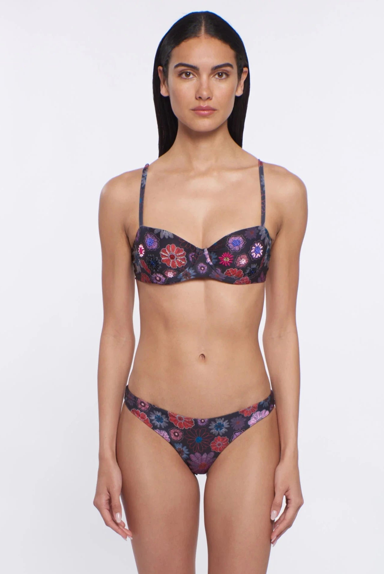 Underwire top with beaded floral print in black