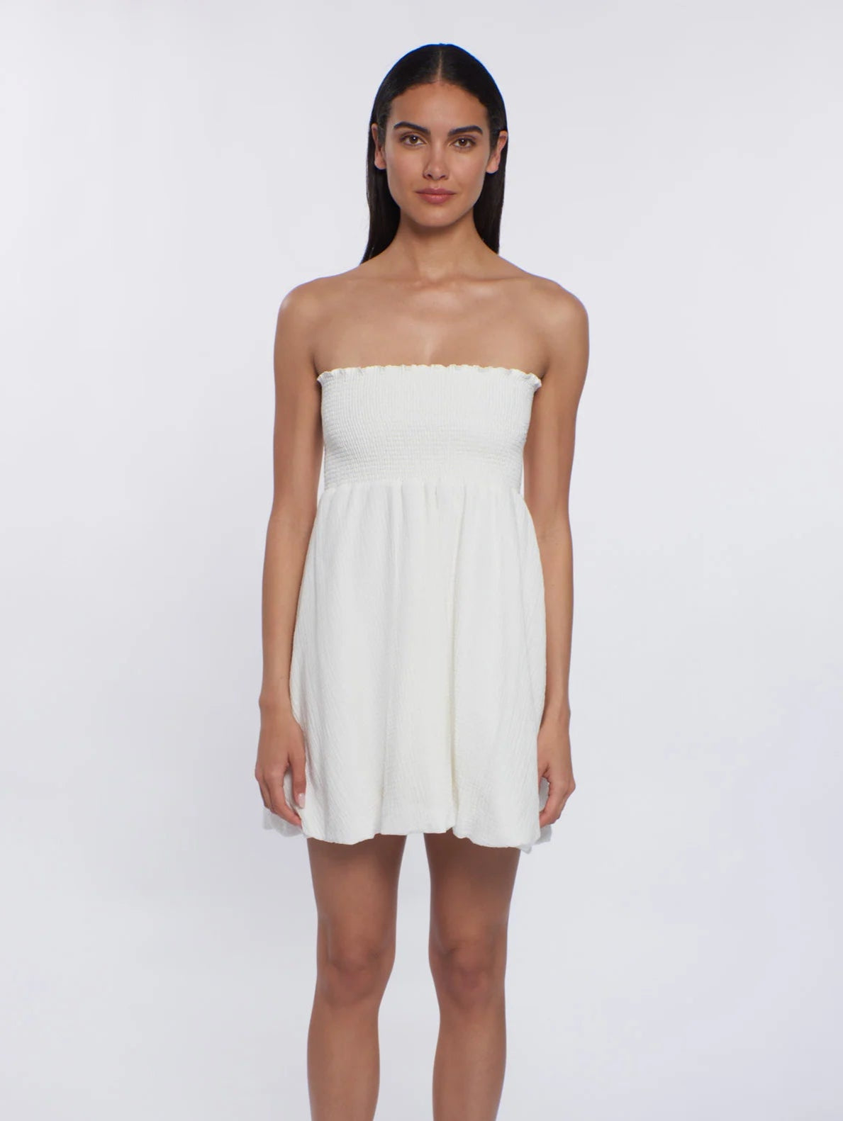 Strapless mini dress with smocking on top in white