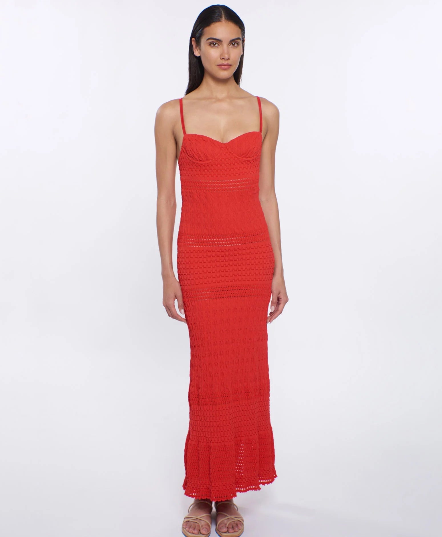 Textured maxi dress with spaghetti straps in red