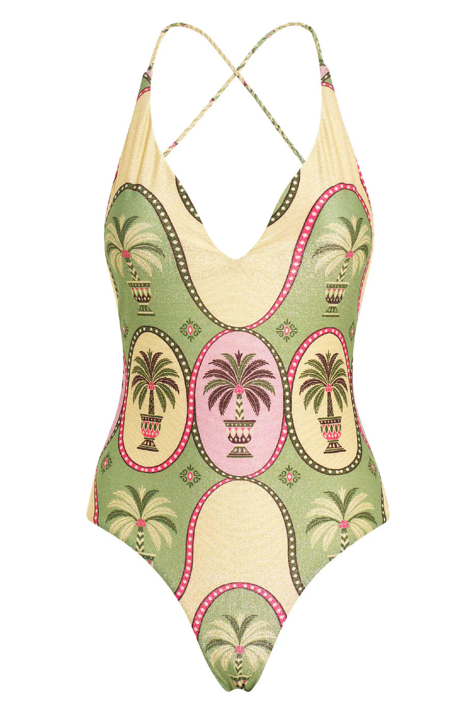 Shimmery palm print one piece with plunging neckline
