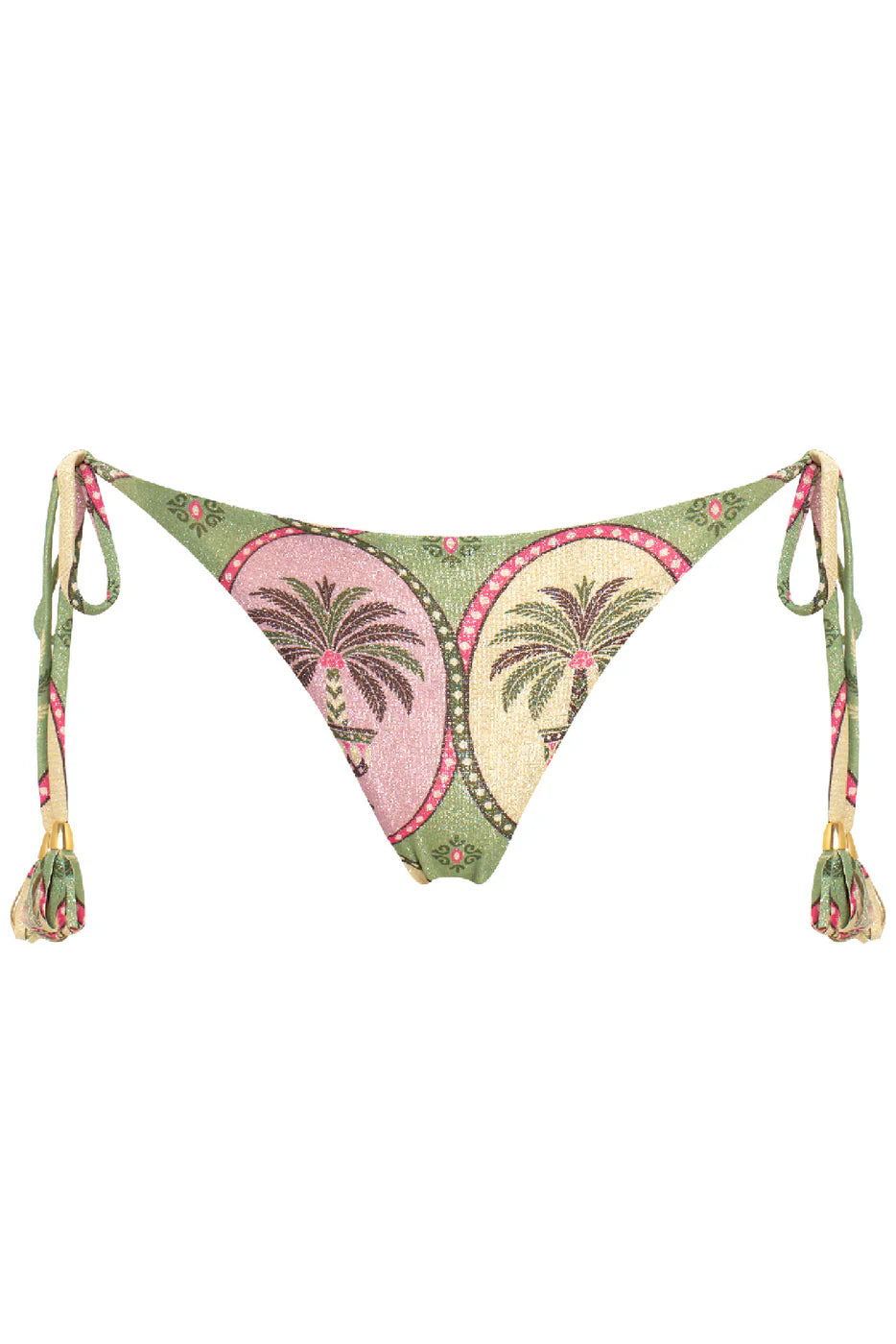 Tasseled tie side bottom in metallic palm tree print