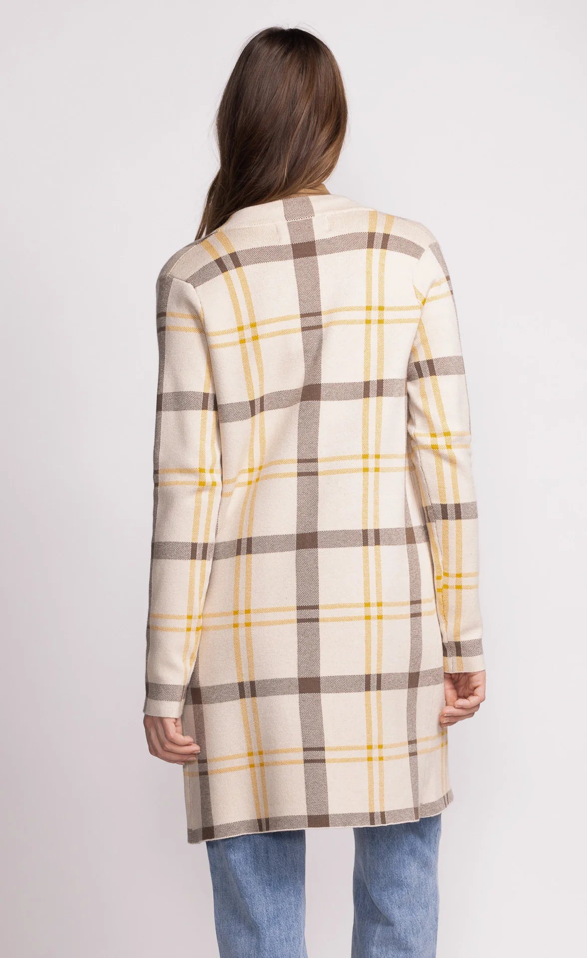 Long plaid cardigan in gray and yellow plaid