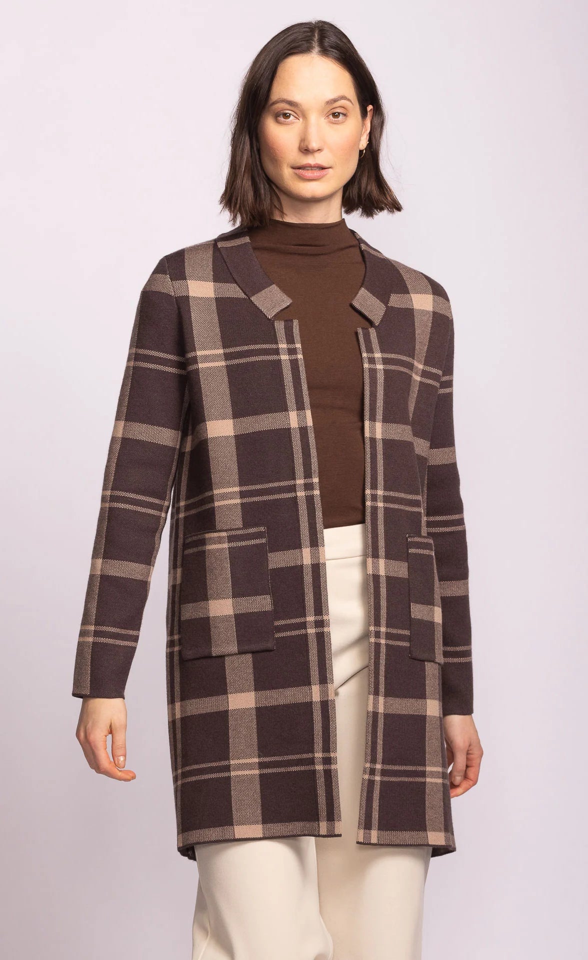 Long brown plaid cardigan with front pockets
