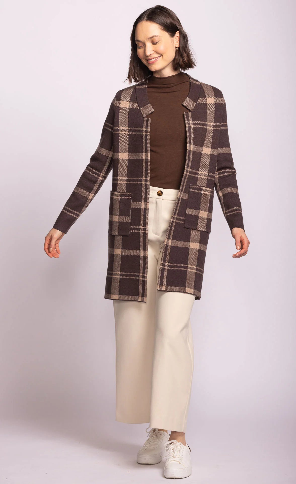Long brown plaid cardigan with front pockets