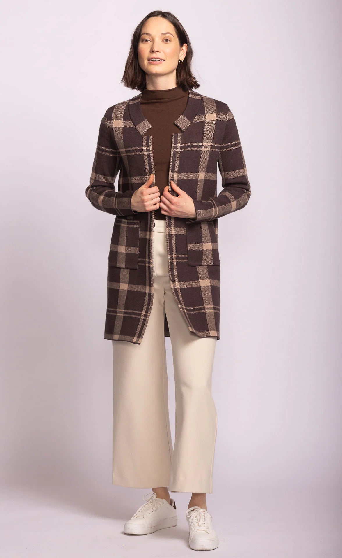 Long brown plaid cardigan with front pockets
