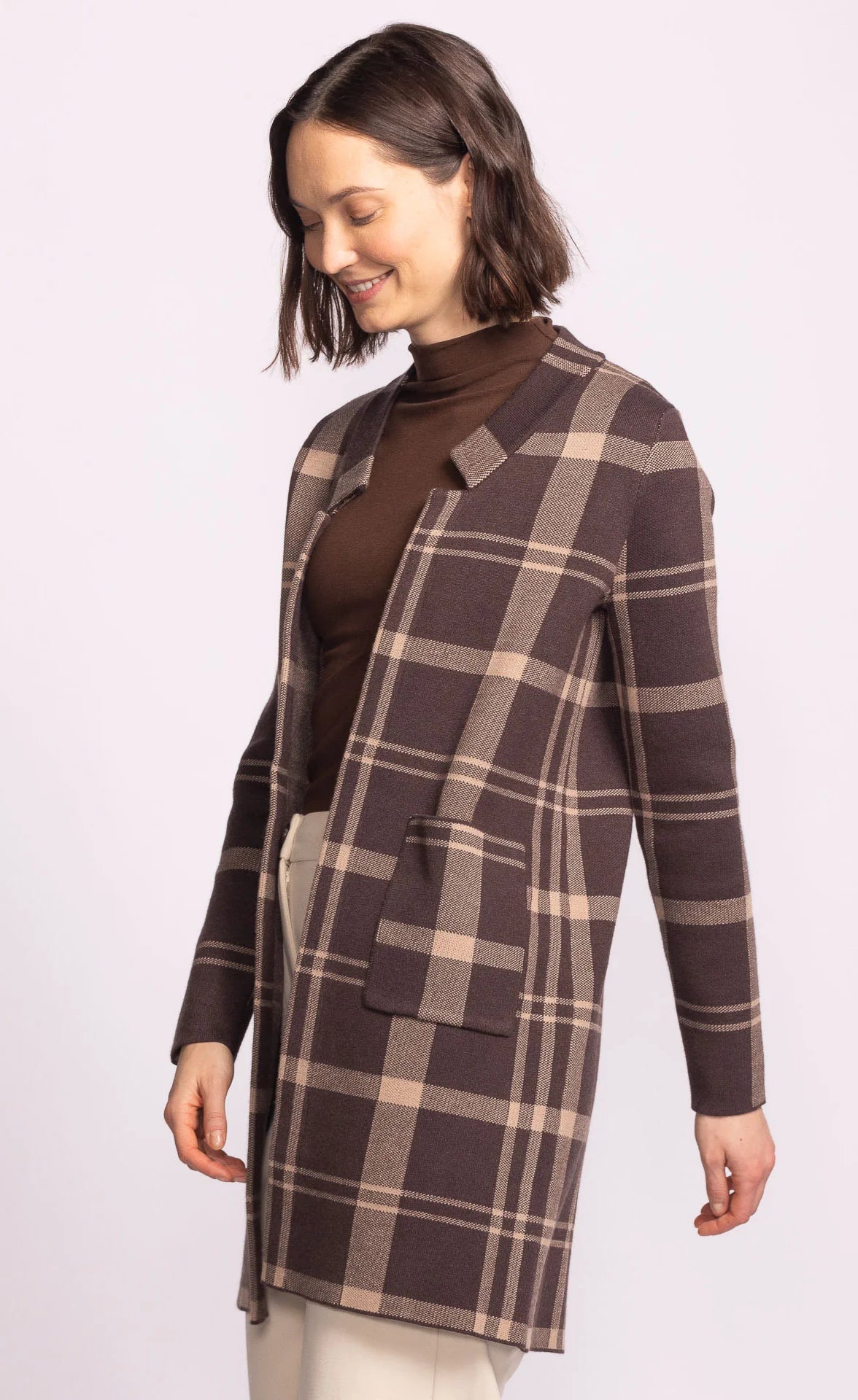 Long brown plaid cardigan with front pockets