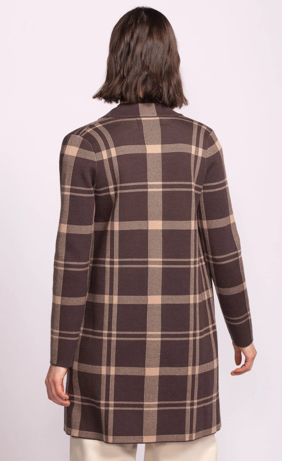 Long brown plaid cardigan with front pockets