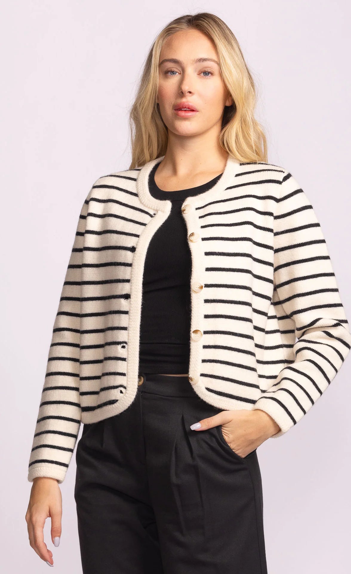 Cropped button down cardigan in beige with black horizontal stripes