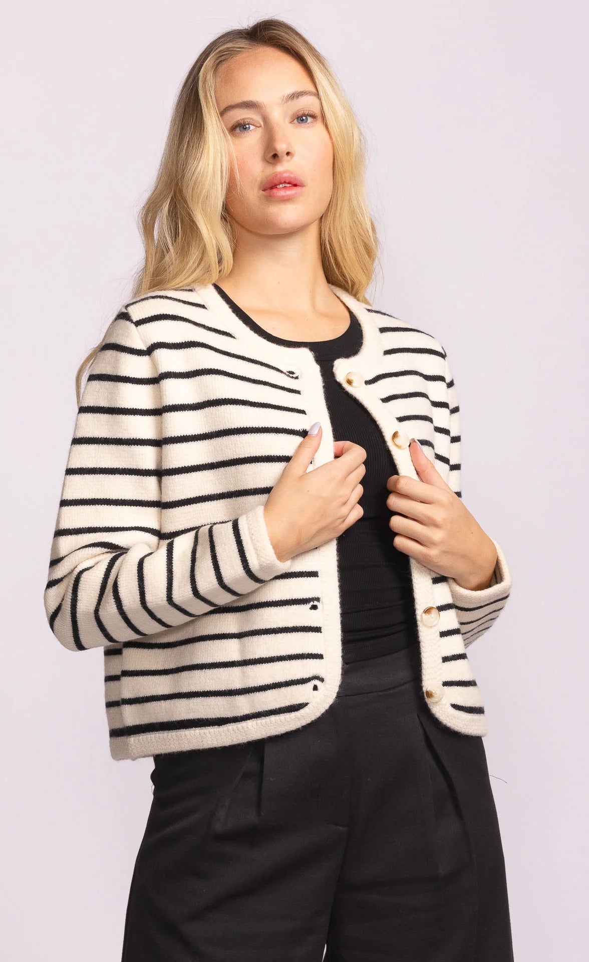 Cropped button down cardigan in beige with black horizontal stripes