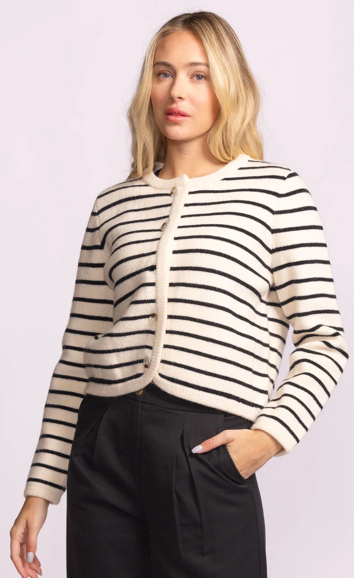 Cropped button down cardigan in beige with black horizontal stripes