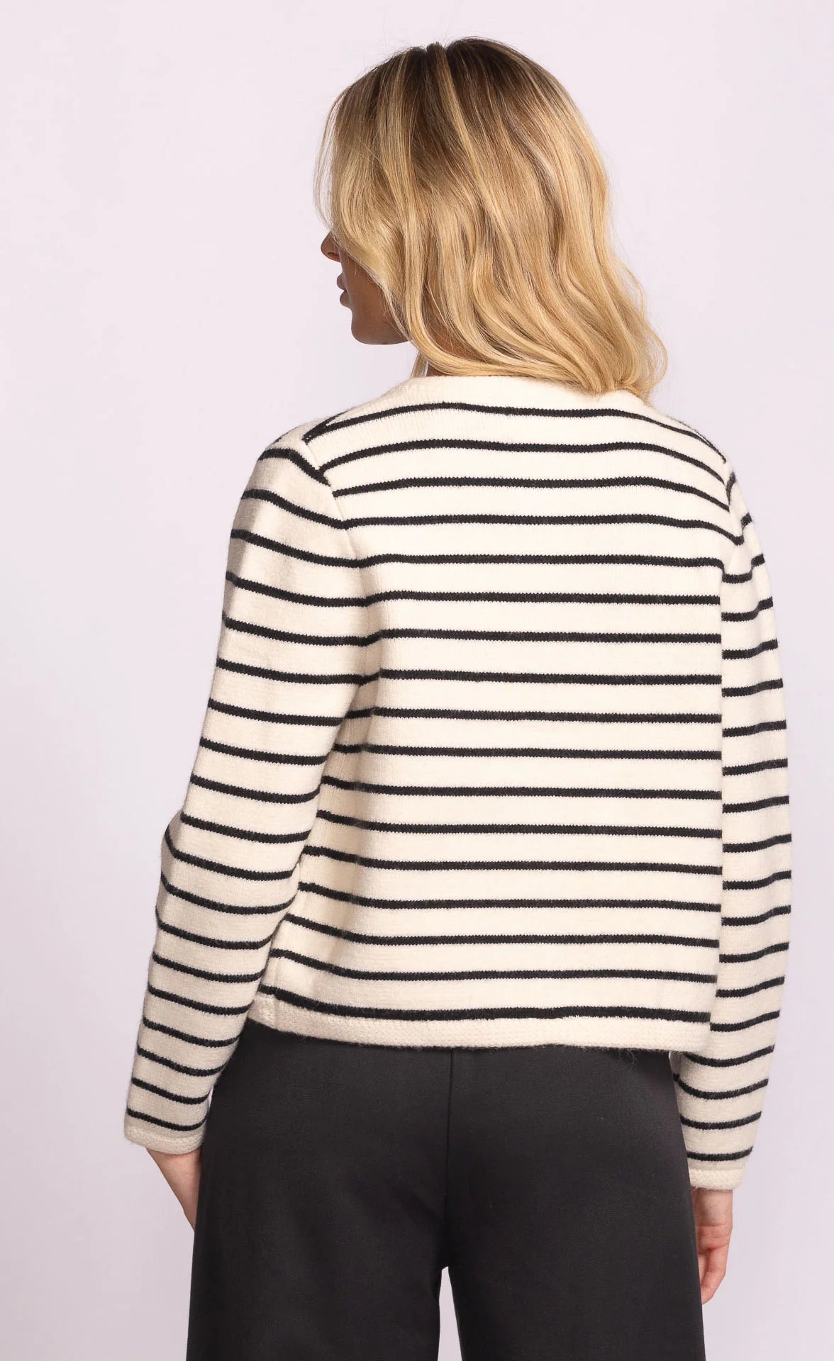 Cropped button down cardigan in beige with black horizontal stripes