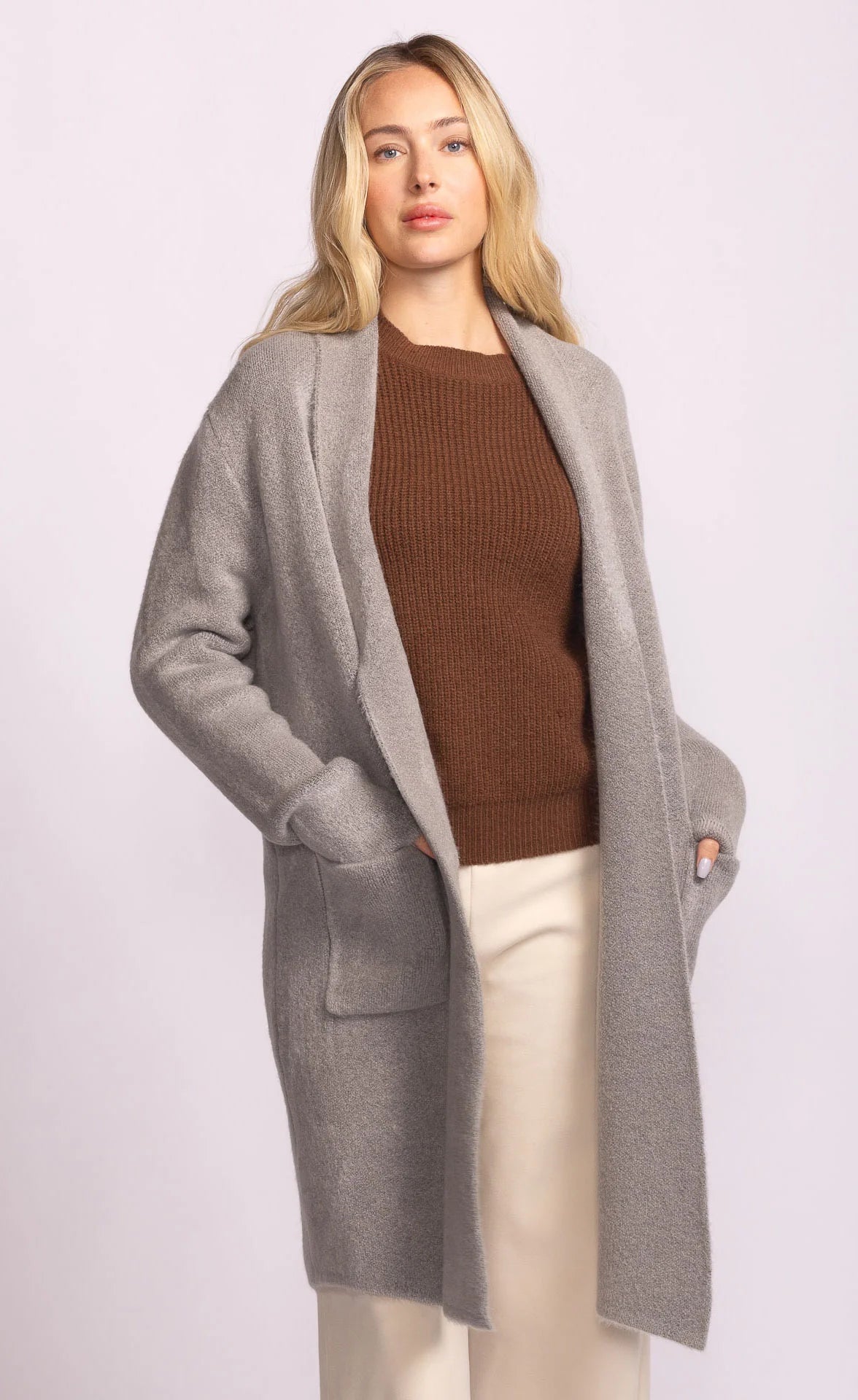 Long gray winter jacket with pockets