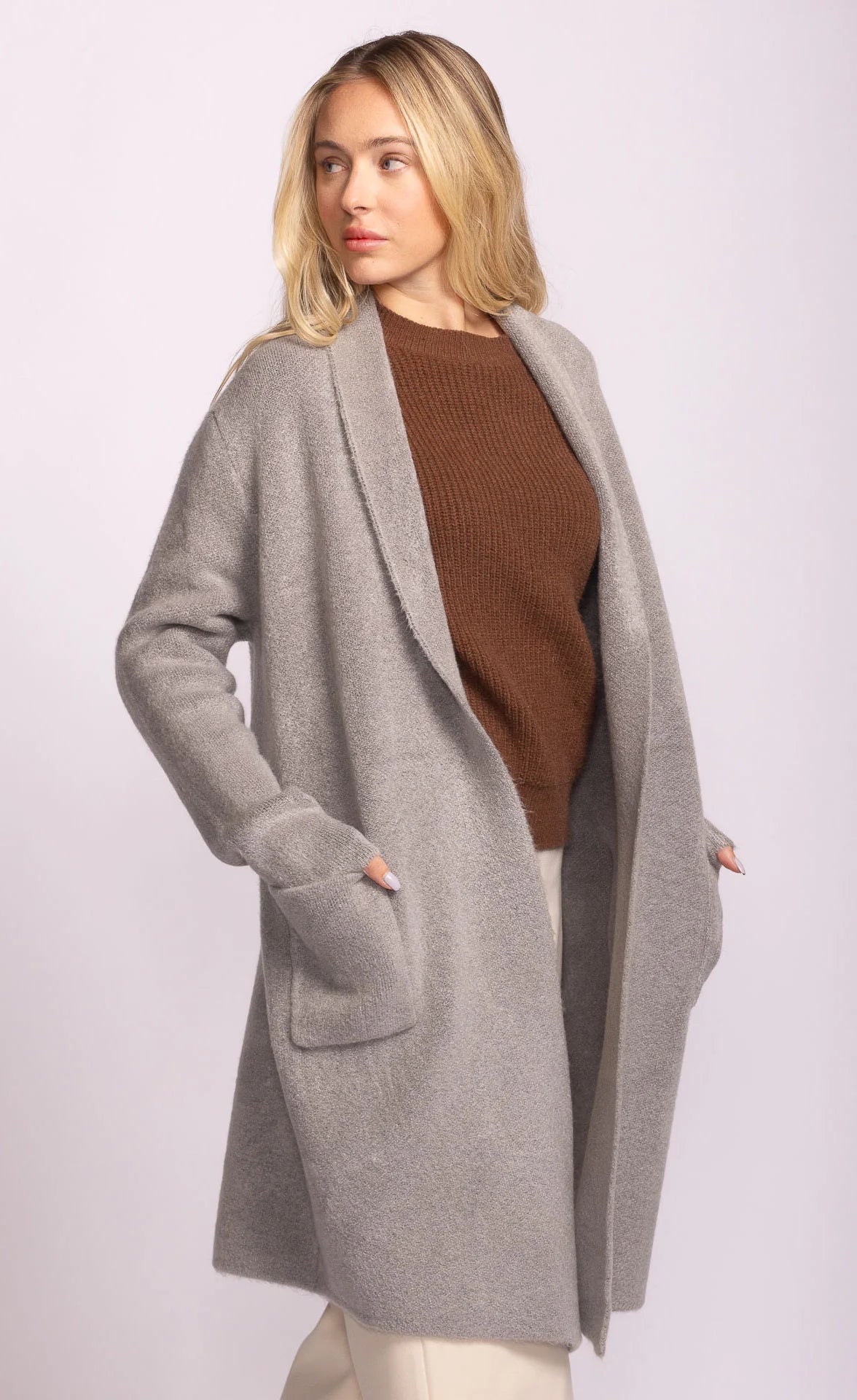 Long gray winter jacket with pockets