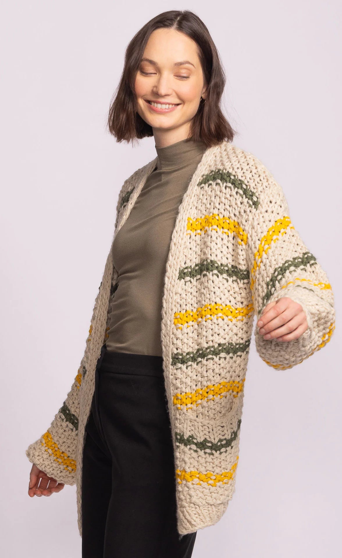 Knit cardigan in beige with stripes