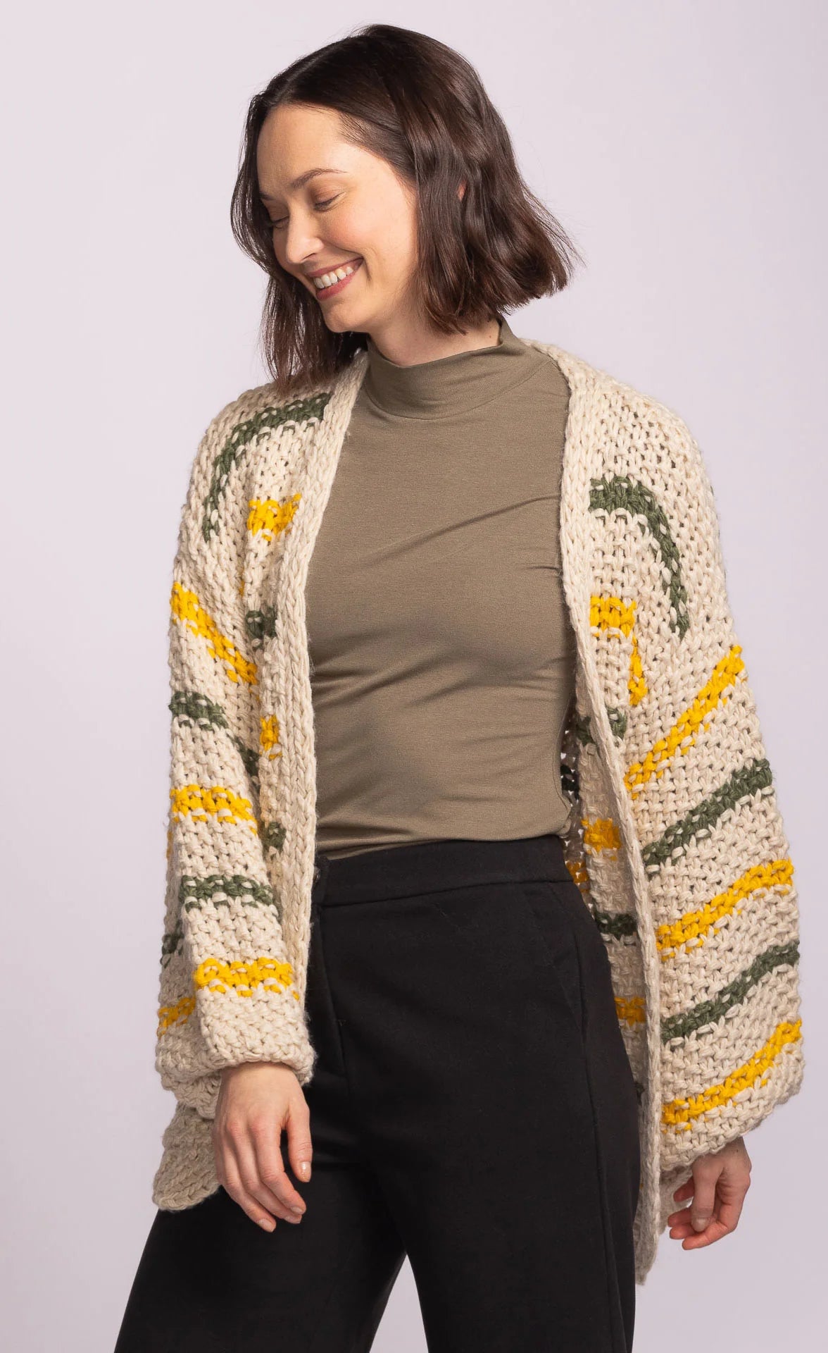 Knit cardigan in beige with stripes