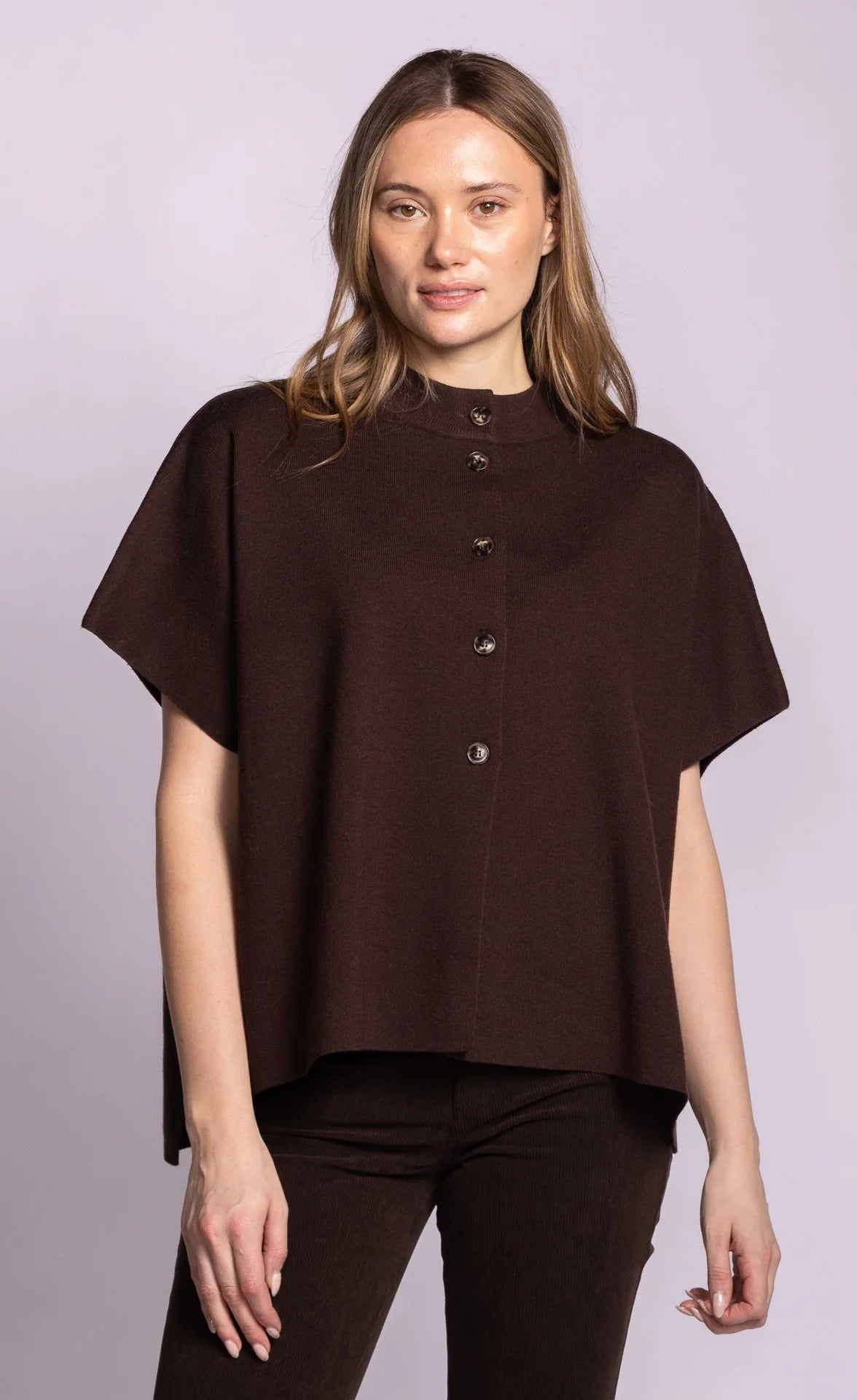 Short sleeve sweater with a mock neck and buttons in brown