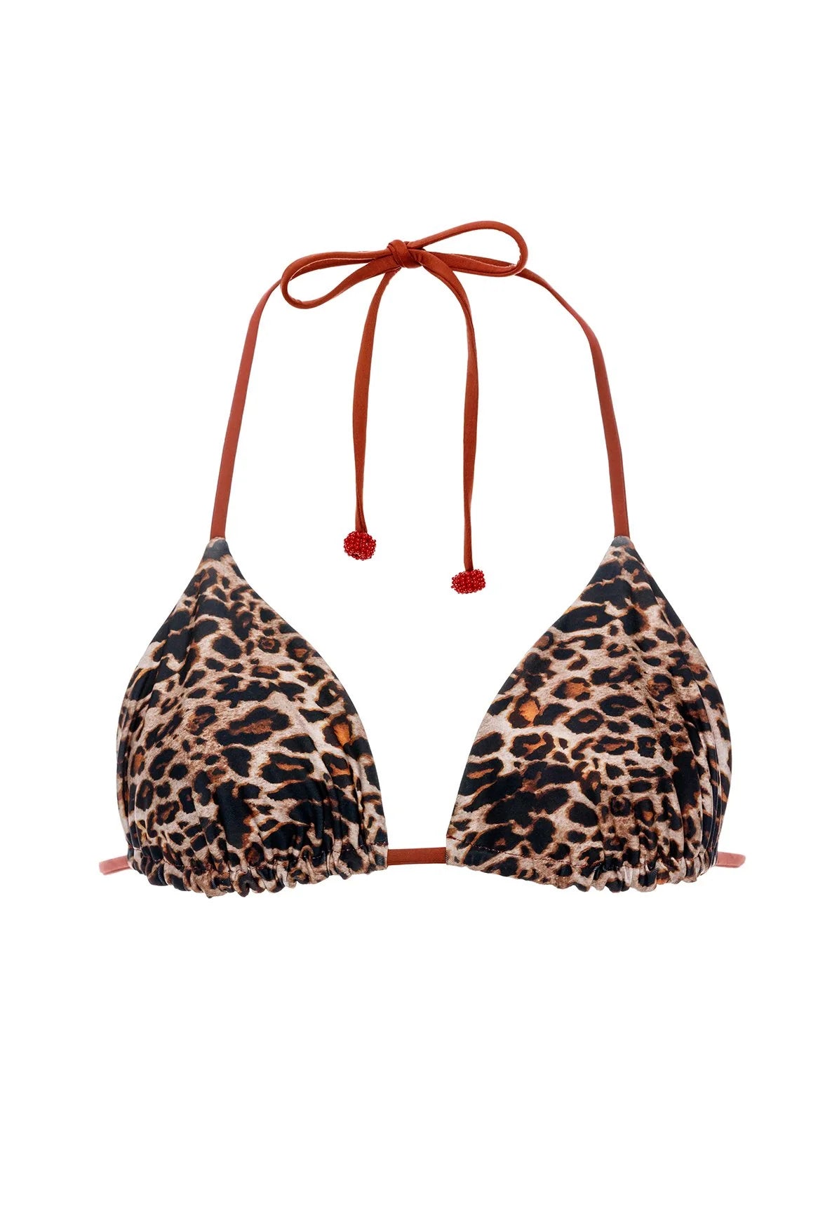 Adjustable triangle top with multicolor print that reverses to animal print