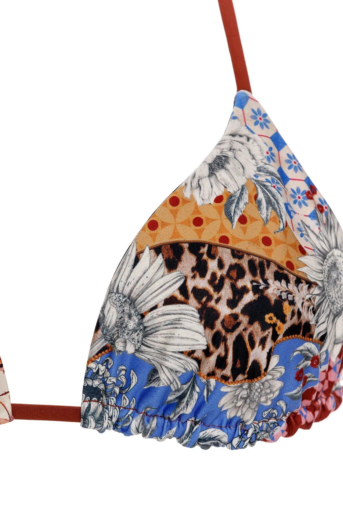 Adjustable triangle top with multicolor print that reverses to animal print