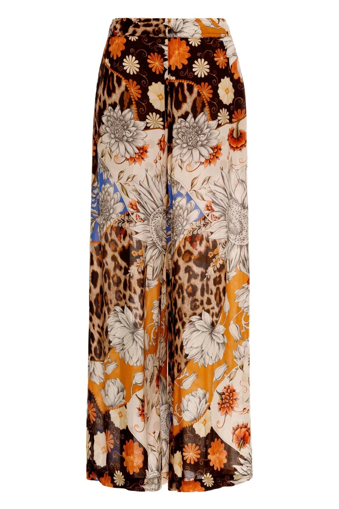 Wide leg pants with elastic waist and drawstring.