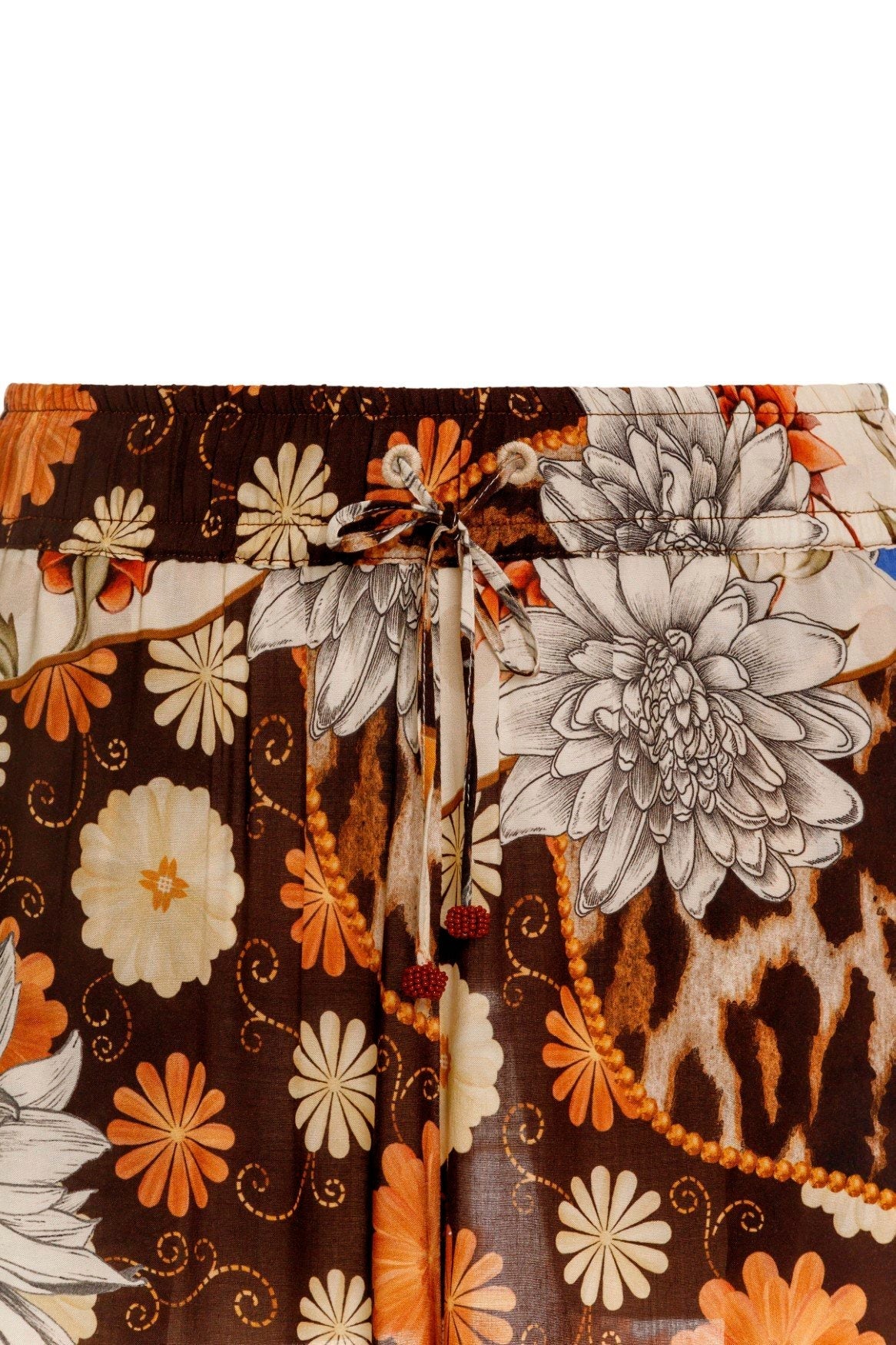 Wide leg pants with elastic waist and drawstring.