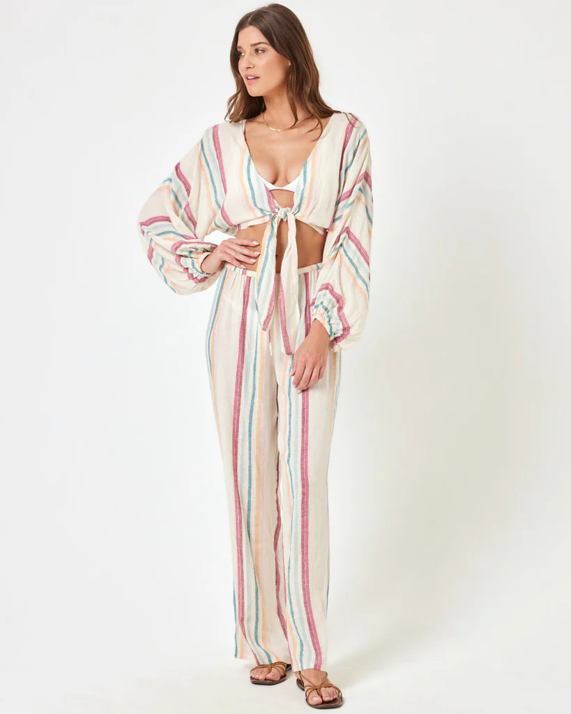 Striped Tie Front Plunging Top