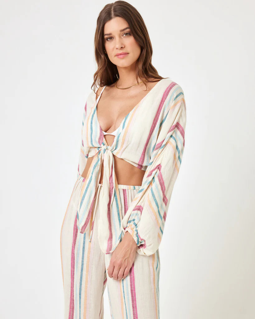 Striped Tie Front Plunging Top