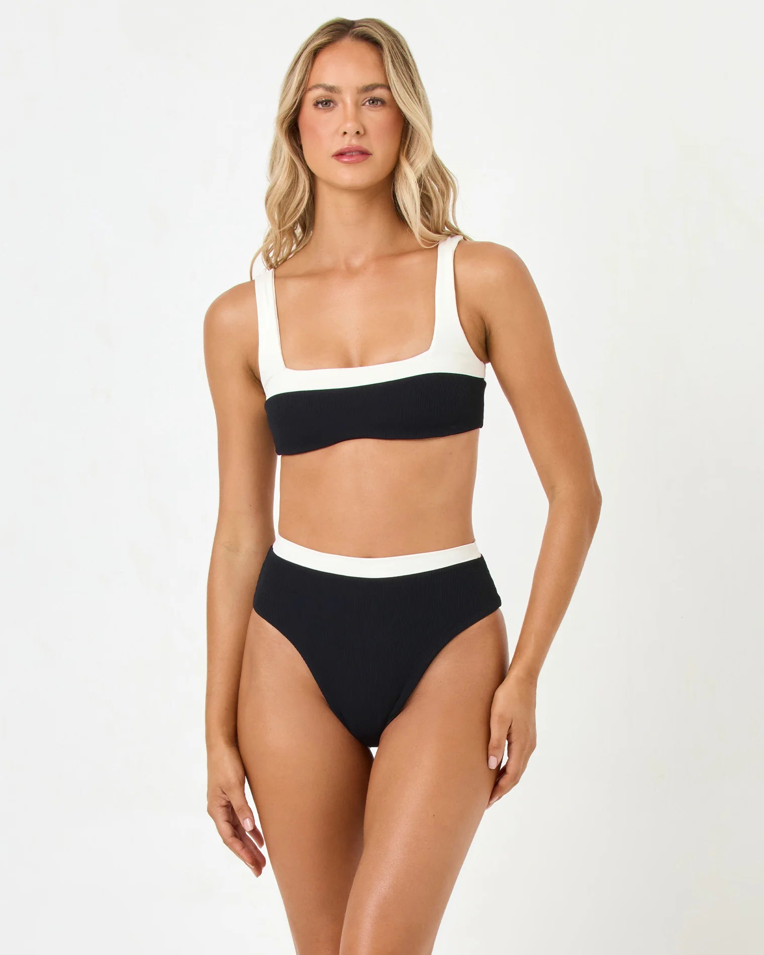 Square neckline ribbed bikini top in black and white