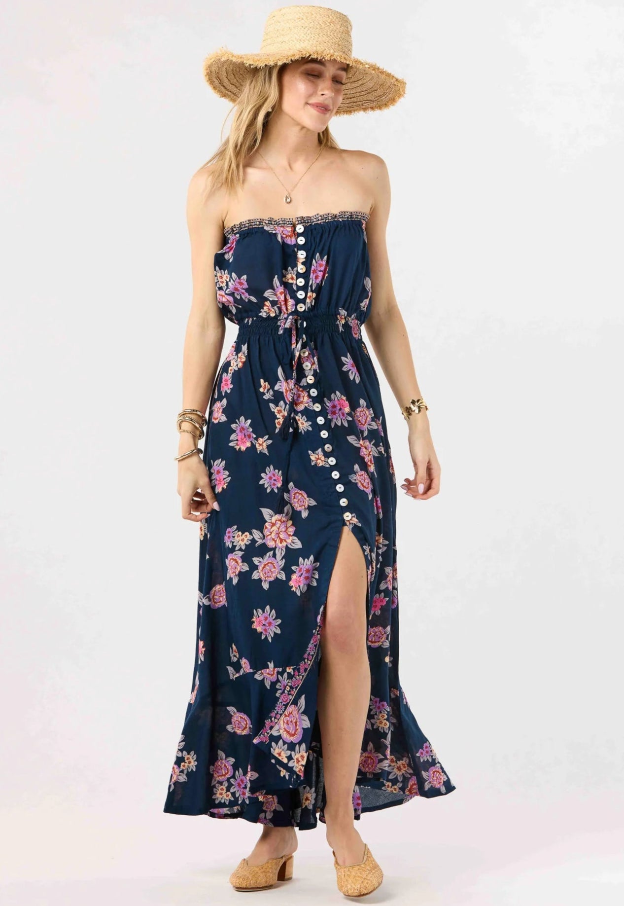 Strapless maxi dress with buttons down the front in navy with floral print