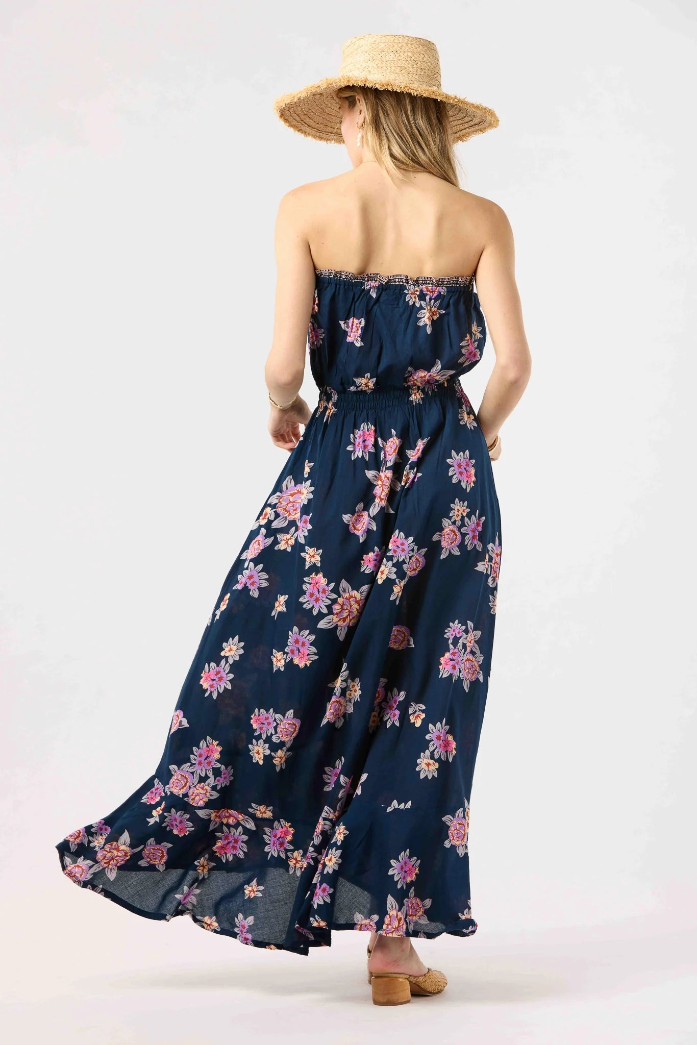 Strapless maxi dress with buttons down the front in navy with floral print