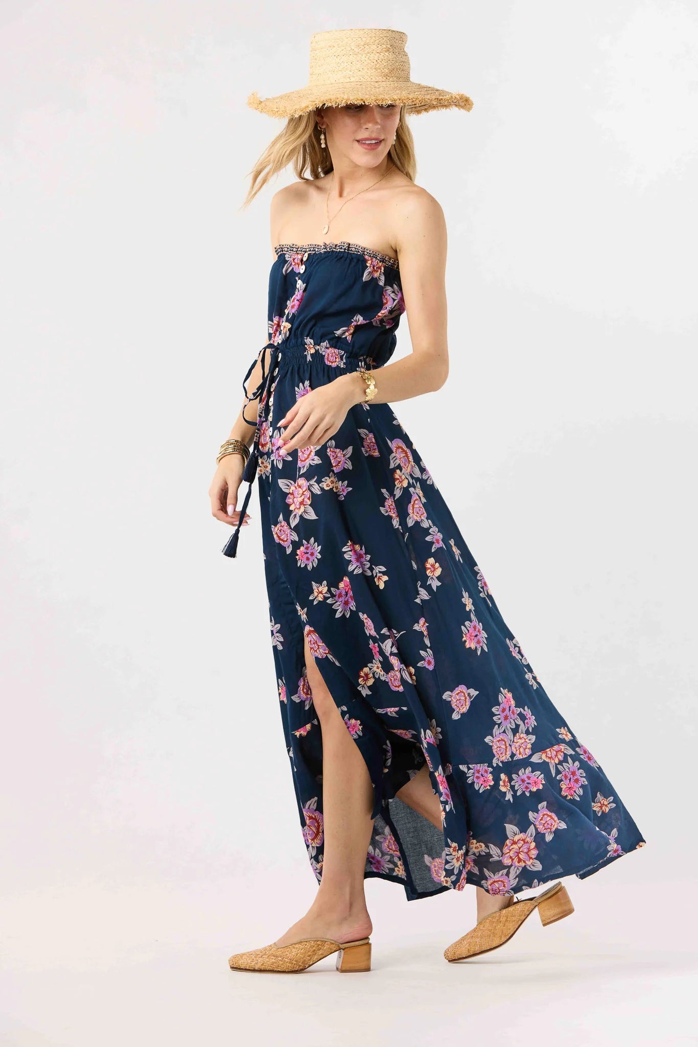 Strapless maxi dress with buttons down the front in navy with floral print