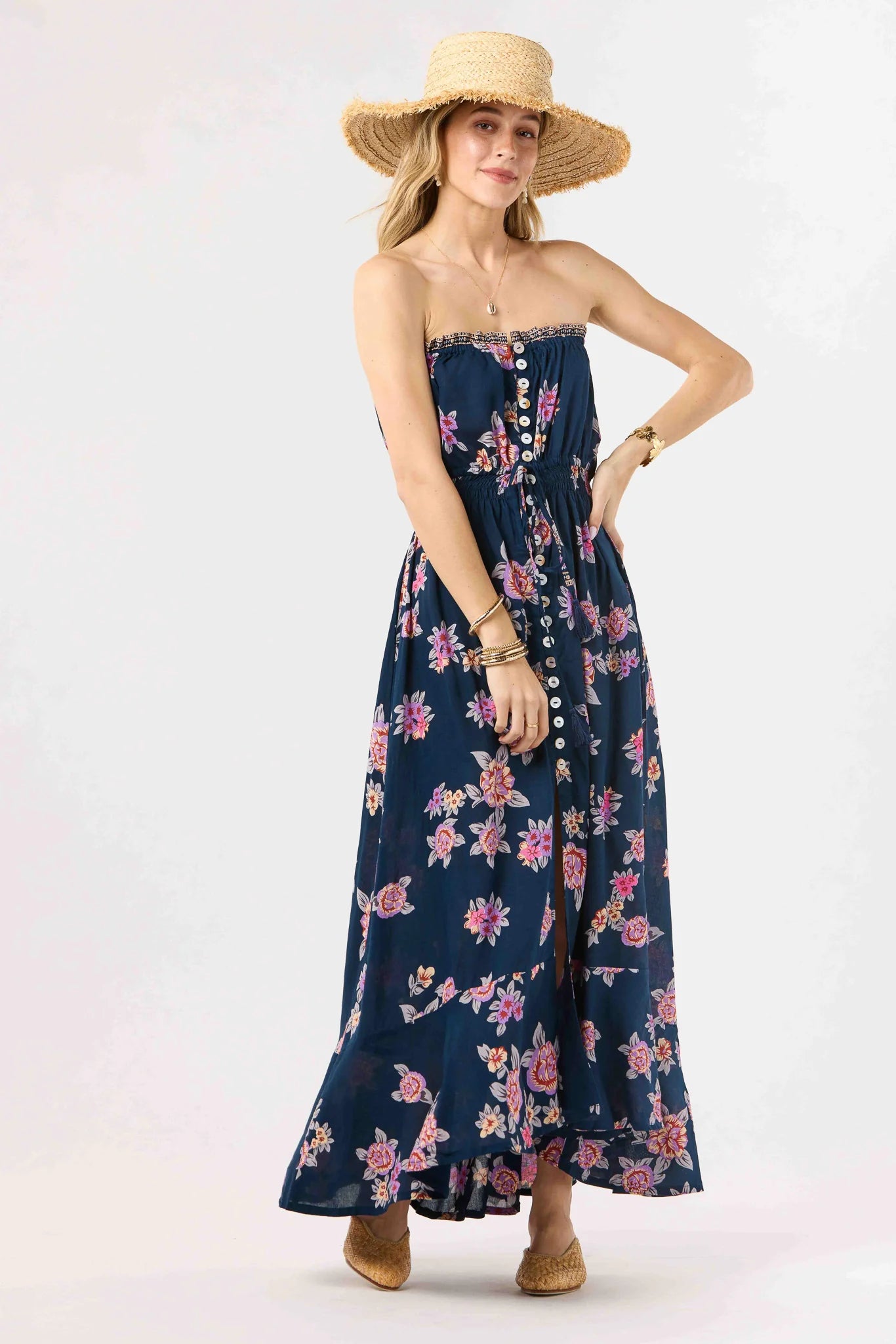 Strapless maxi dress with buttons down the front in navy with floral print