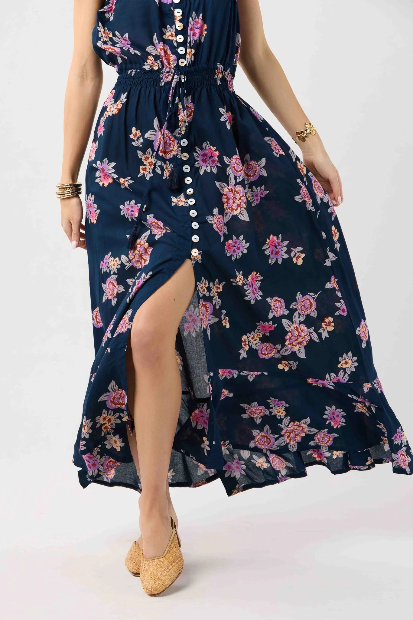 Strapless maxi dress with buttons down the front in navy with floral print