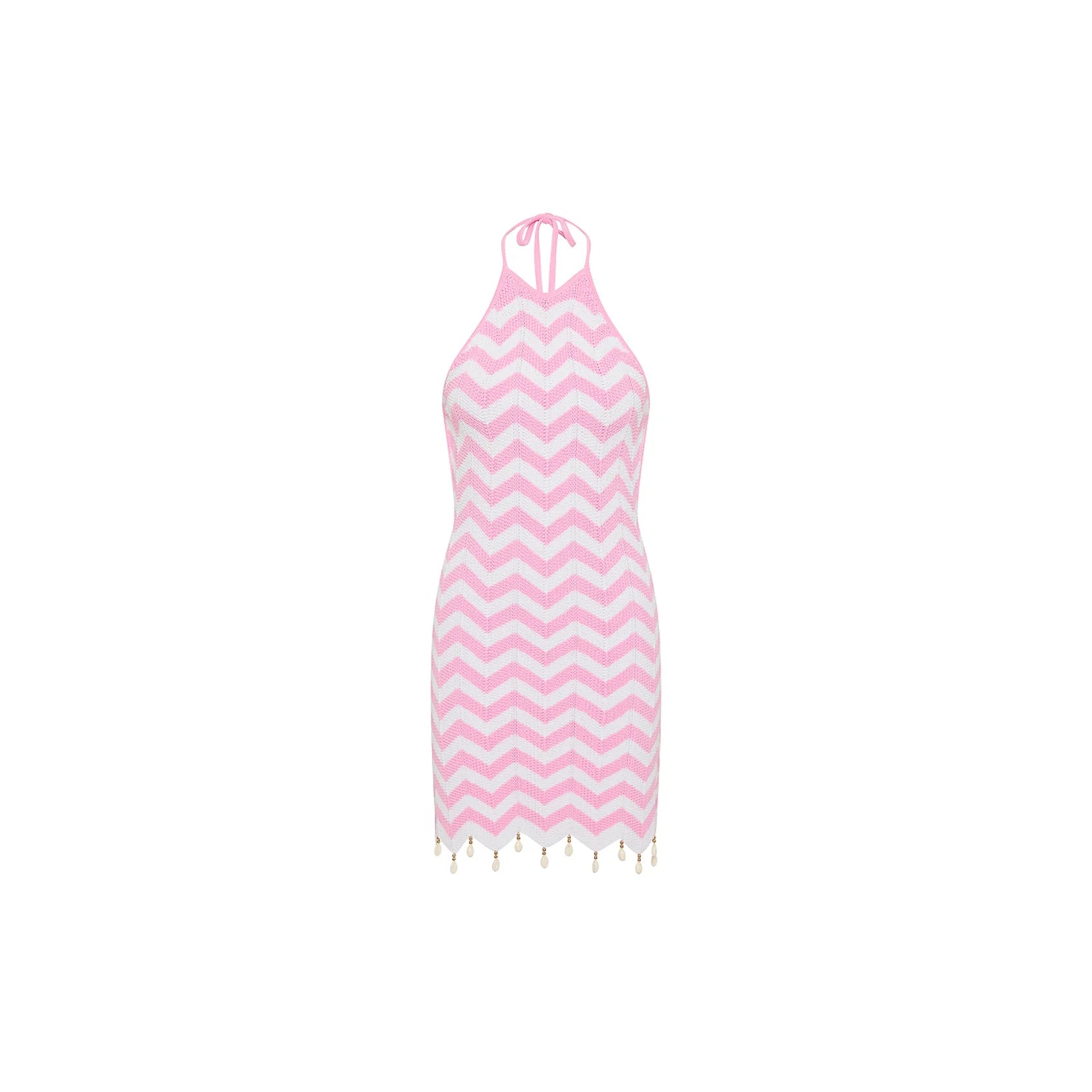 High neck knit mini dress with a halter tie and decorative beads and shells in pink and white.