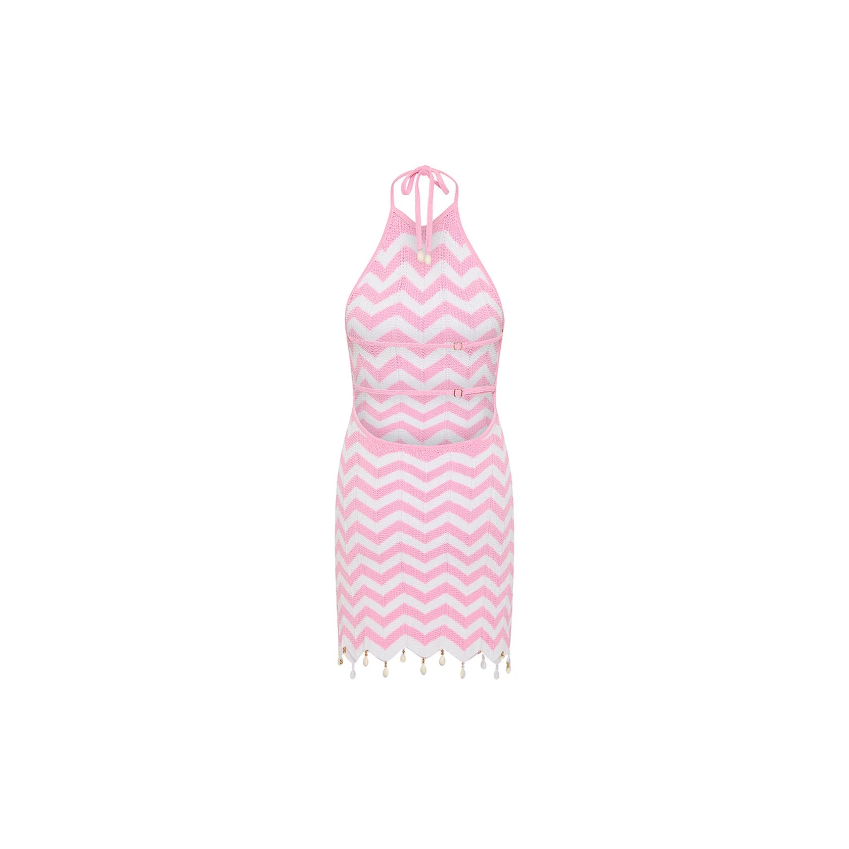 High neck knit mini dress with a halter tie and decorative beads and shells in pink and white.