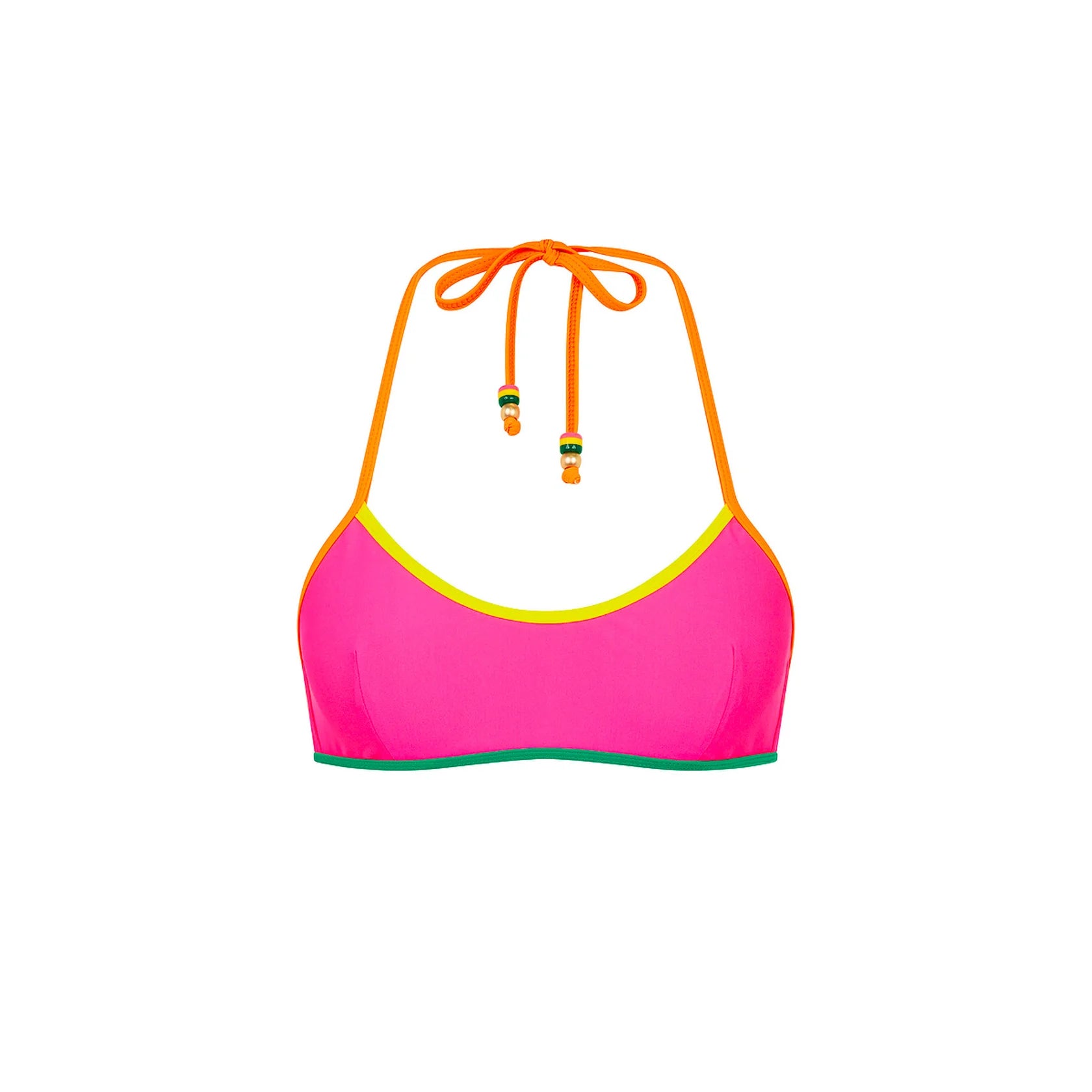Pink scooped neck top with a halter tie and orange, green, and yellow blocking