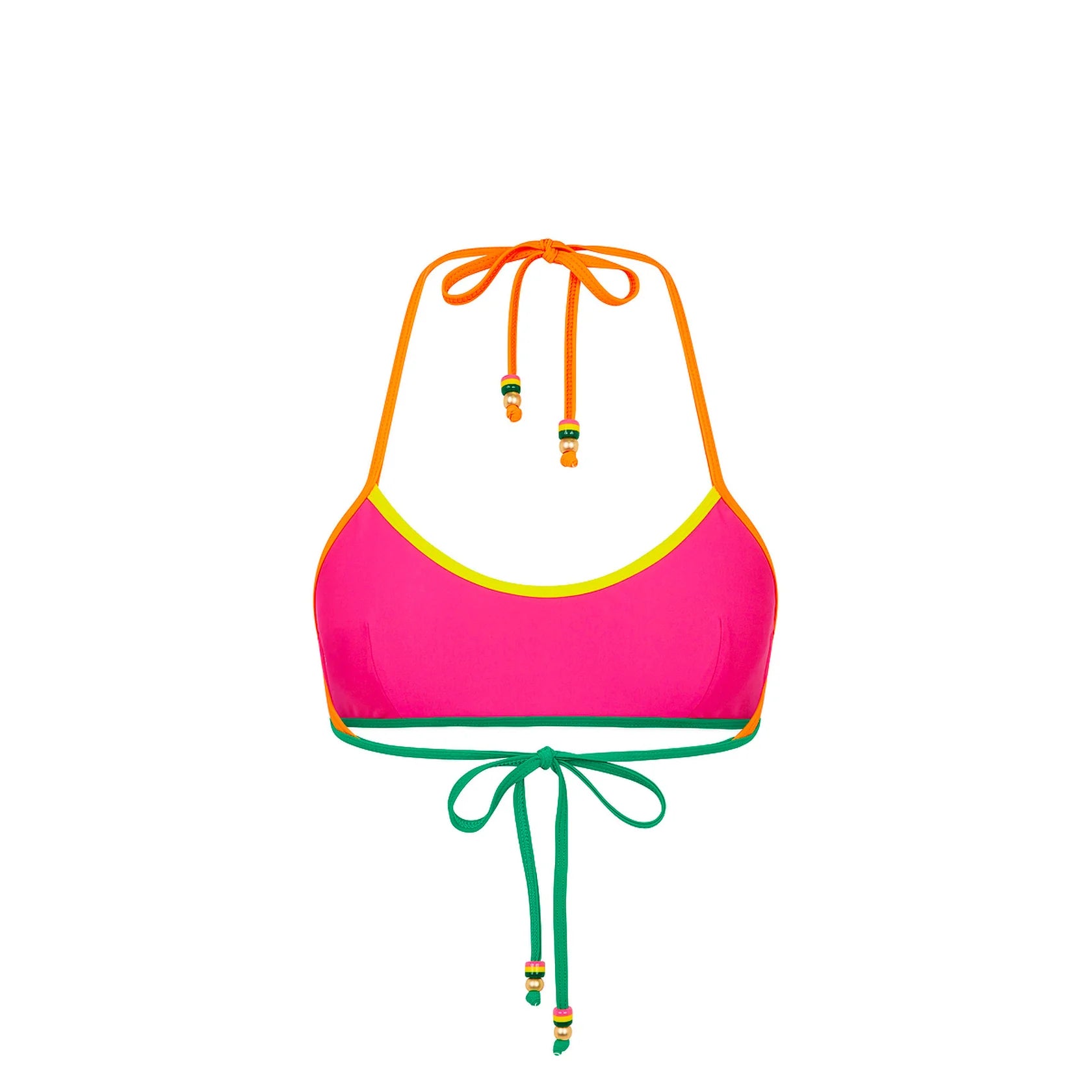 Pink scooped neck top with a halter tie and orange, green, and yellow blocking
