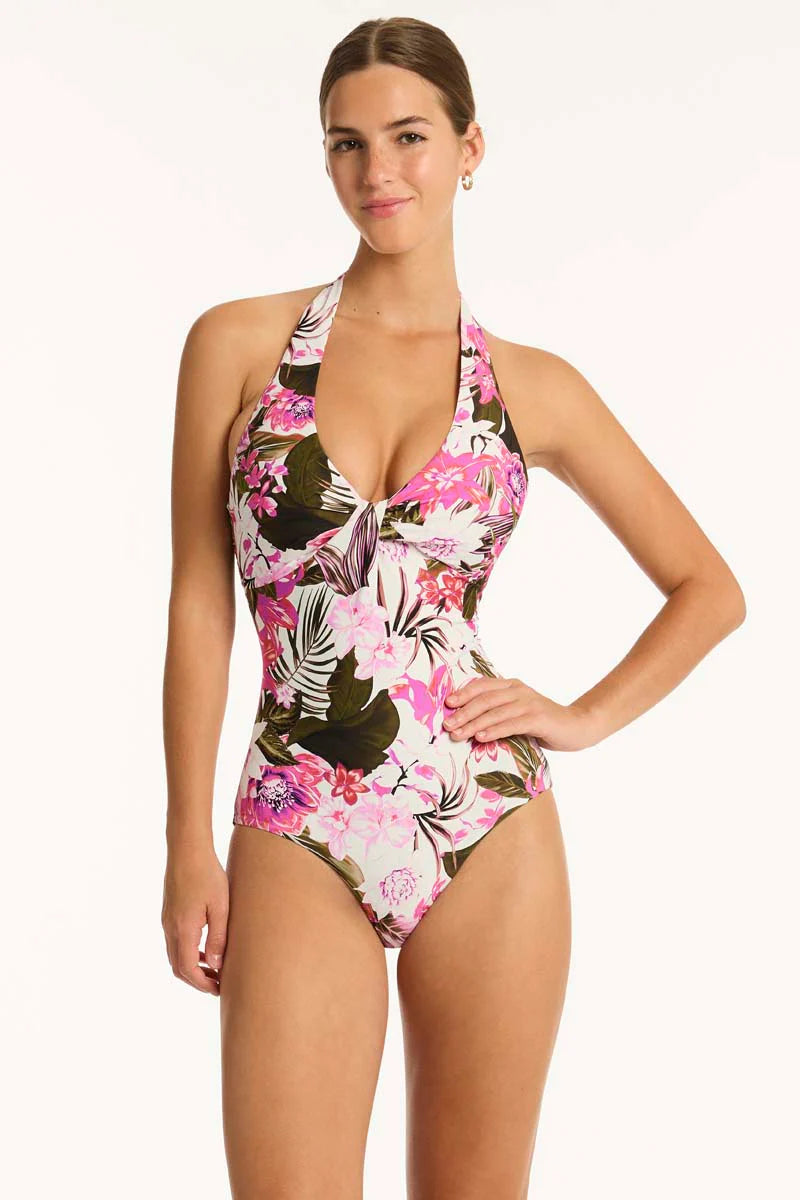Colorful floral print halter one piece with powermesh support