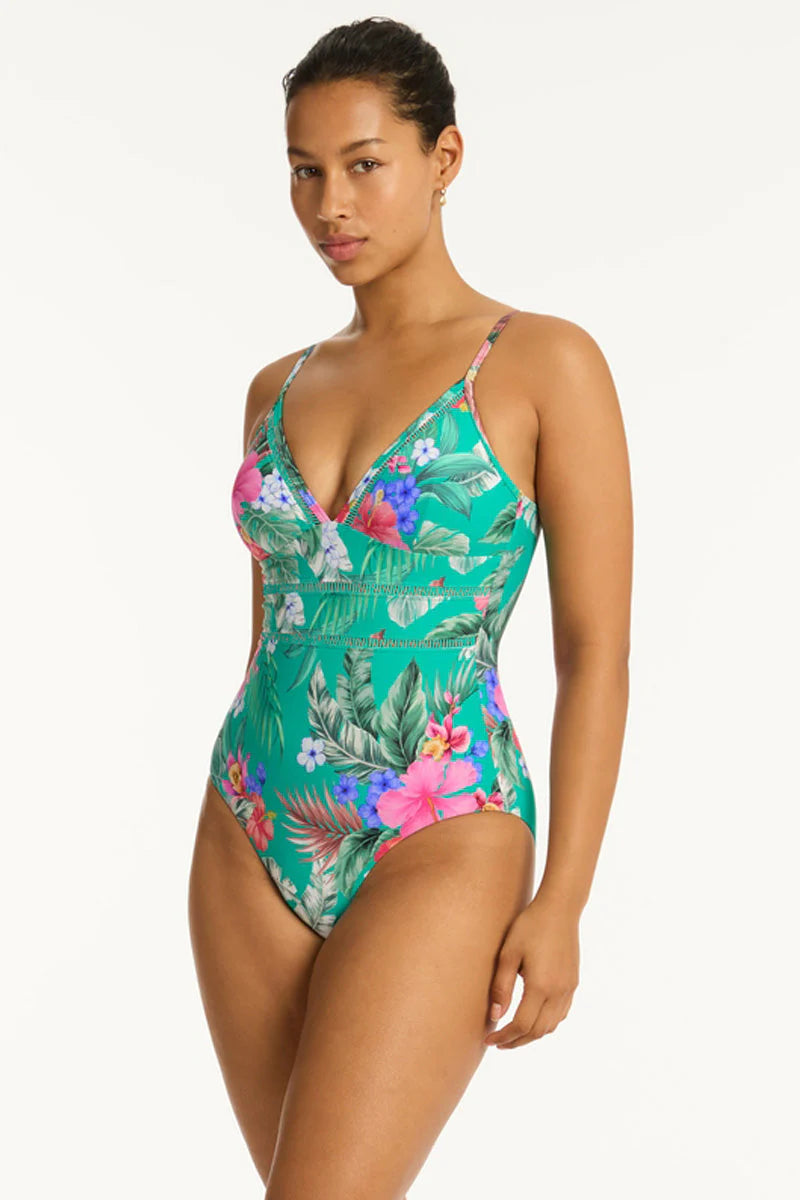 Tropical print one piece with soft cup support