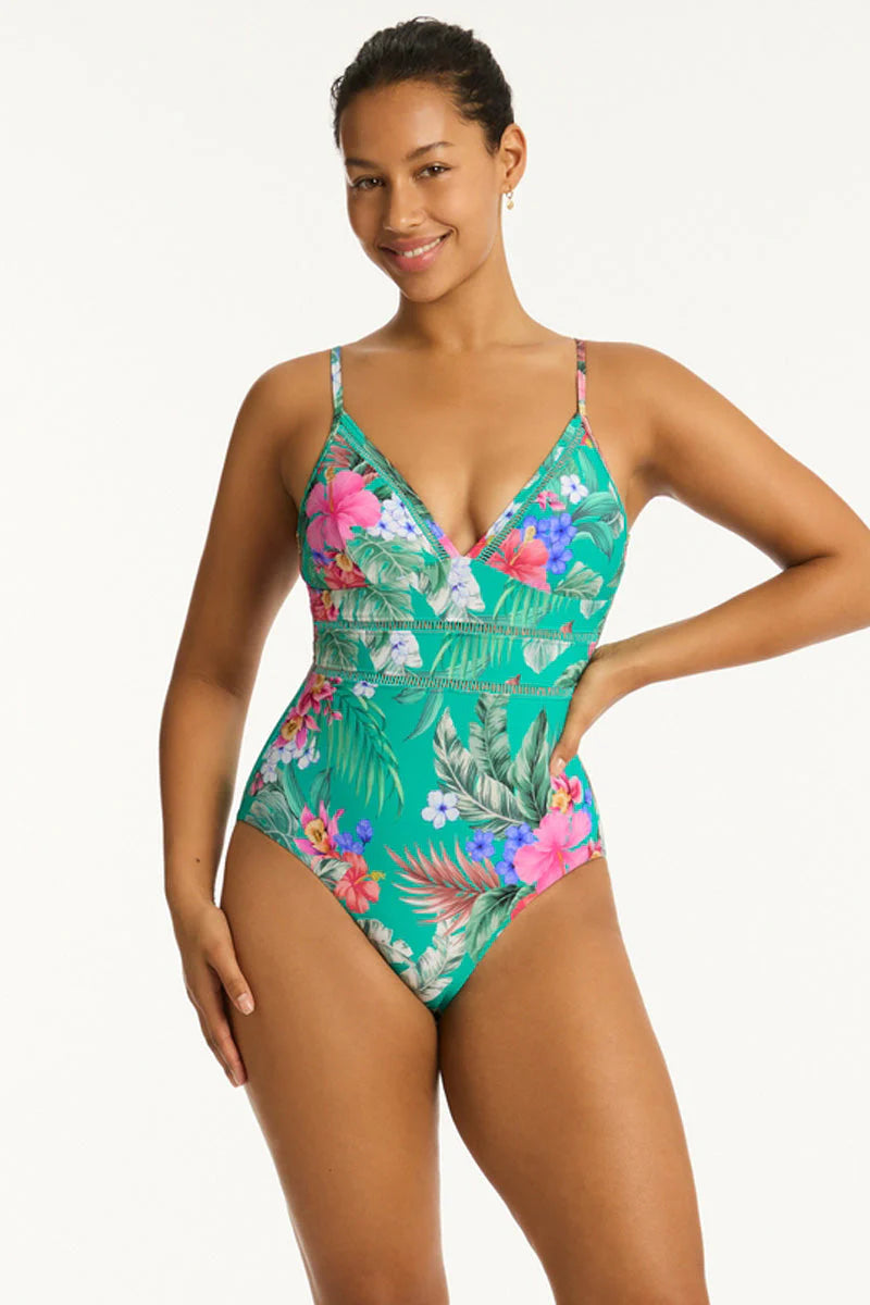 Tropical print one piece with soft cup support